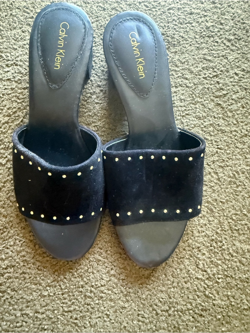 Calvin Klein Black Suede Slide Mules with Gold Studs